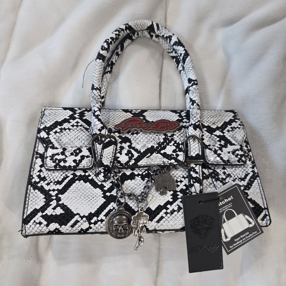 Ed Hardy White Black Faux Leather Snake Print Satchel Charm Chain Strap Rare Fla